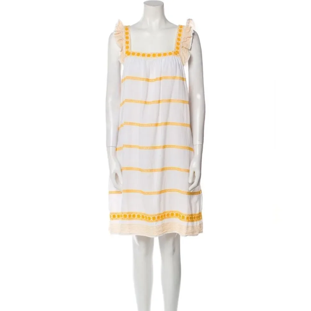 TORY BURCH Ruffle-Trimmed Embroidered Linen and Cotton-Blend Mini Dress Size‎ S